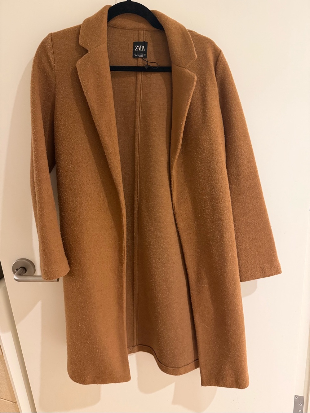 Zara Camel Bouclé Long Open-Front Trench Coat
